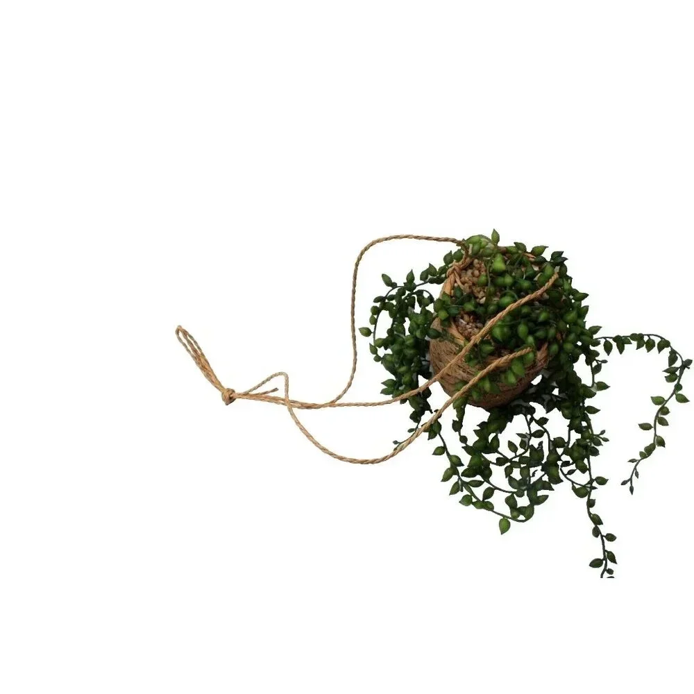 New BOHO Wicker Vase W/ Rocks Fake Hanging Plant Artificial Beaded Succulent
